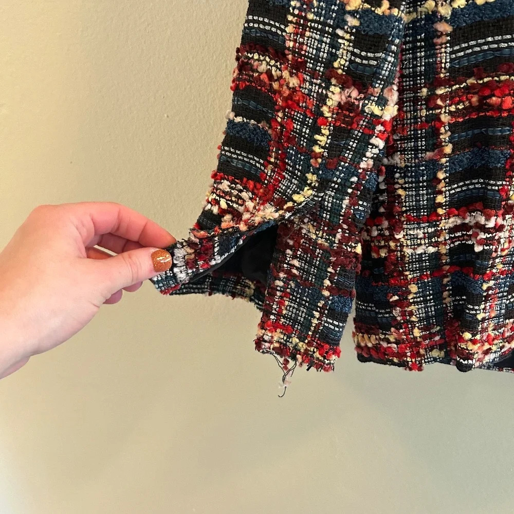 Smythe Boucle Leather-Detail Jacket Womens Size 6 Plaid Blazer Navy Career - Picture 8 of 10